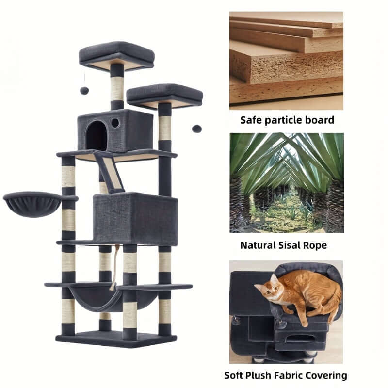 66.1/44.1 Inch Deluxe Cat Tree – Multi-Level Condo with Scratching Posts, Perches, Caves, Basket & Hammock, Black & Gray with Wooden Accents, Easy to Assemble - OllieMart