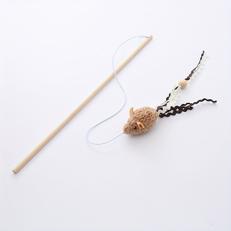 Interactive Plush Mouse Cat Teaser Wand with Wooden Rod – Engaging Play for Active Cats - OllieMart