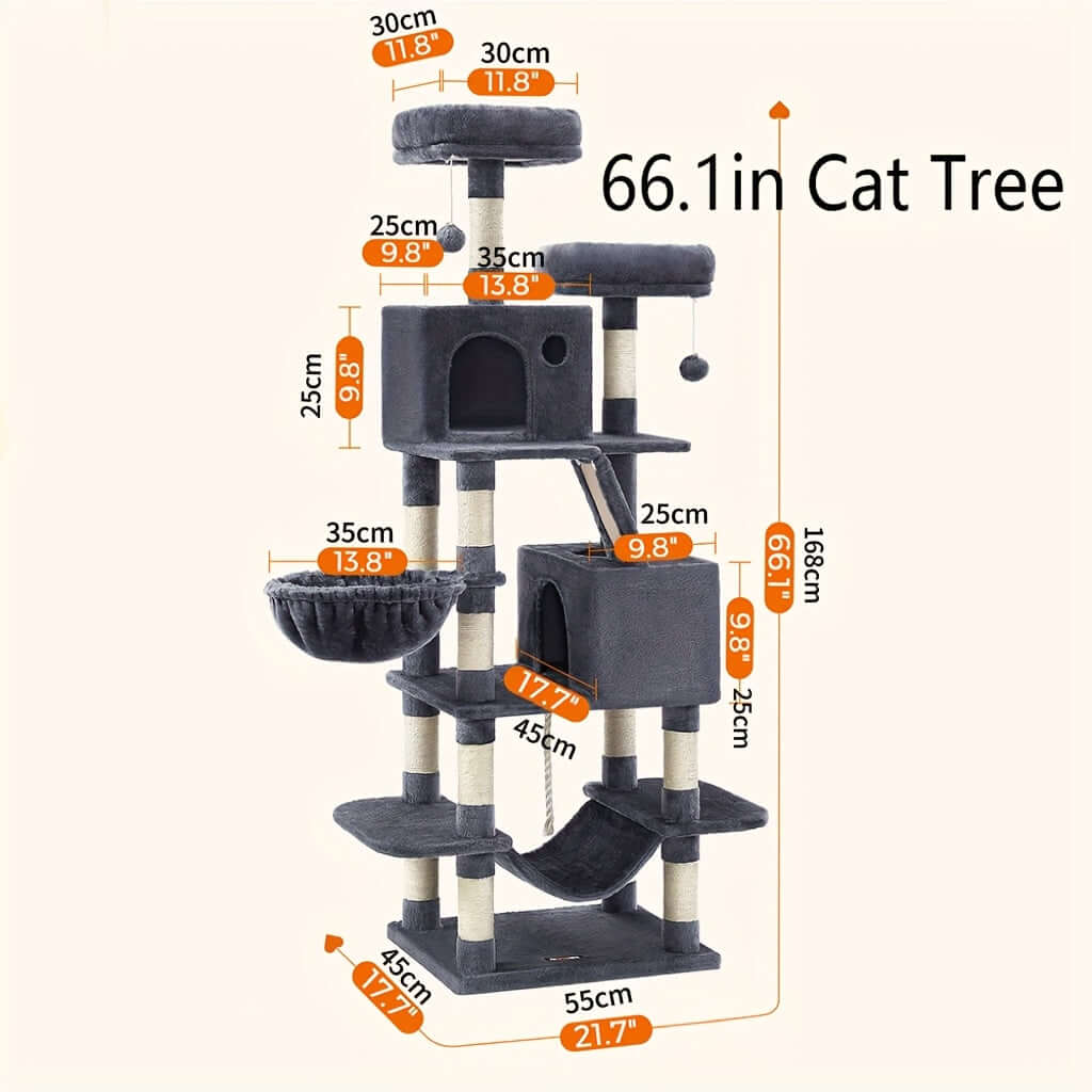 66.1/44.1 Inch Deluxe Cat Tree – Multi-Level Condo with Scratching Posts, Perches, Caves, Basket & Hammock, Black & Gray with Wooden Accents, Easy to Assemble - OllieMart