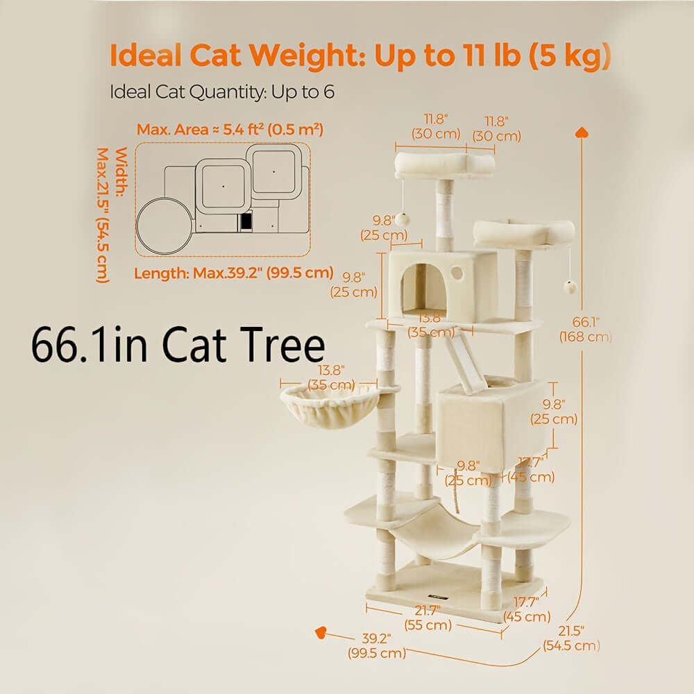 66.1/44.1 Inch Deluxe Cat Tree – Multi-Level Condo with Scratching Posts, Perches, Caves, Basket & Hammock, Black & Gray with Wooden Accents, Easy to Assemble - OllieMart