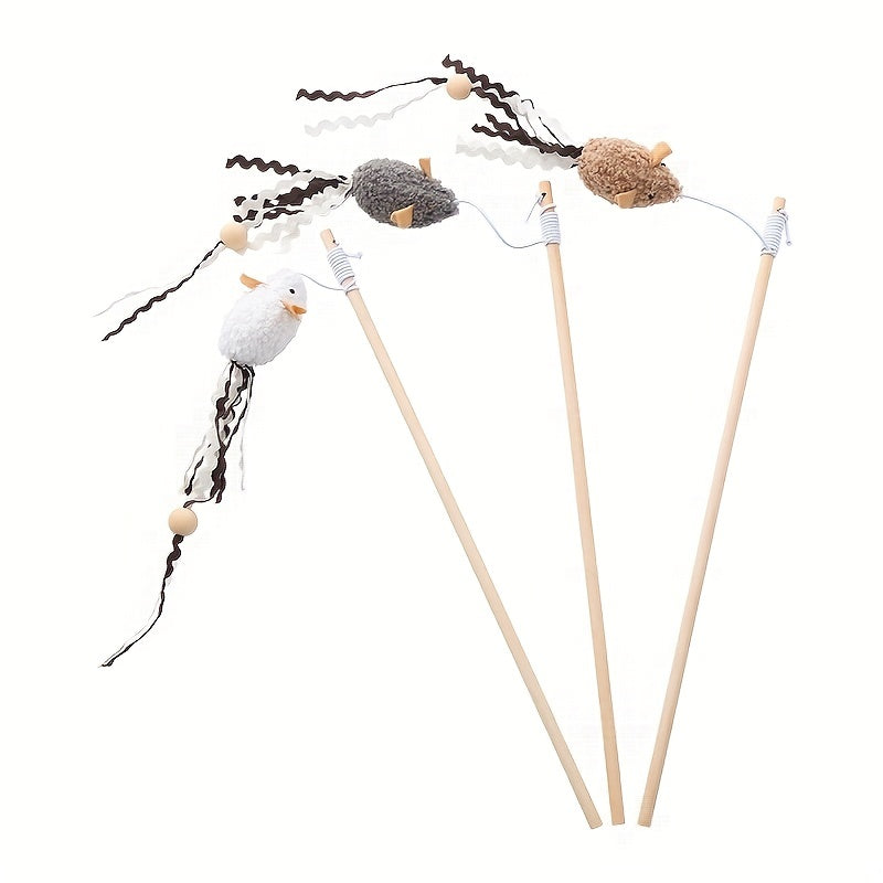 Interactive Plush Mouse Cat Teaser Wand with Wooden Rod – Engaging Play for Active Cats - OllieMart