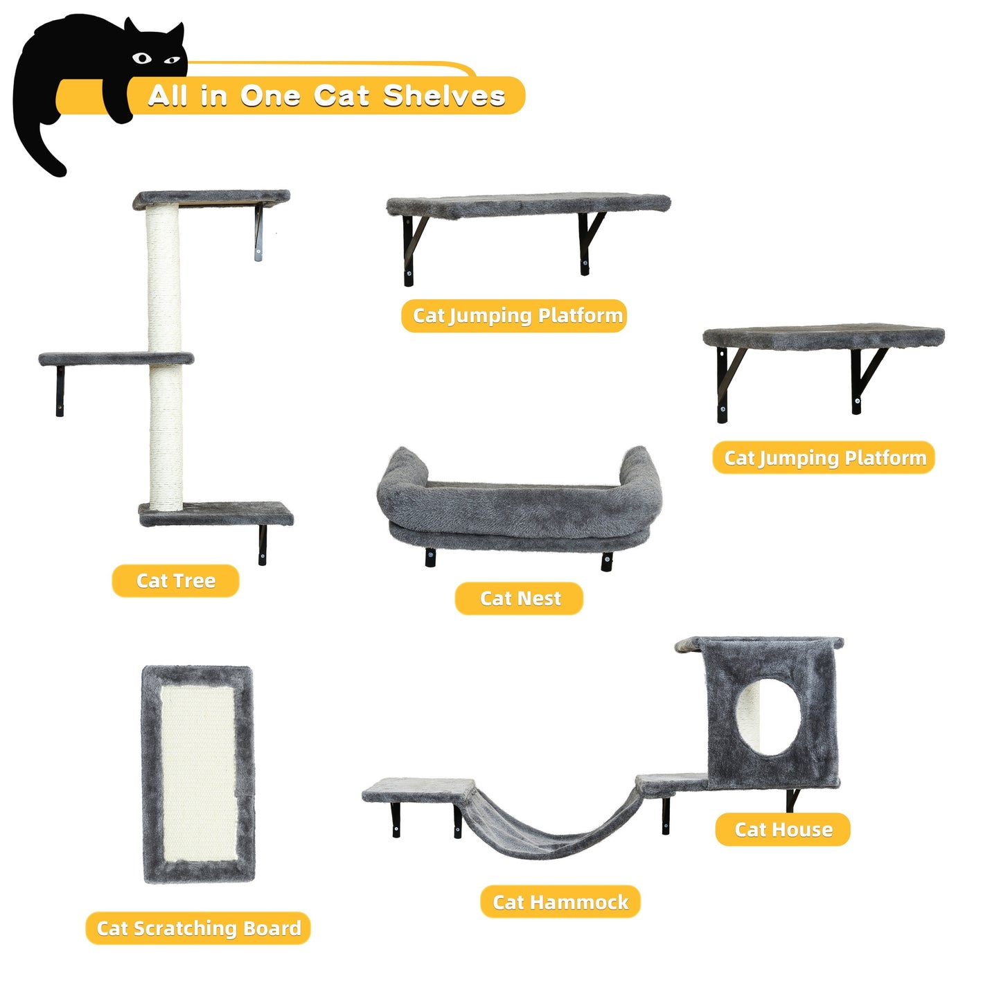 6-Piece Deluxe Wall Mounted Cat Climbing Frame - Spacious Cat House, Sturdy Bridge, Tree, Steps, Scratcher, and Shelves - DIY Indoor Cat Playground Furniture Set with Easy Assembly - OllieMart