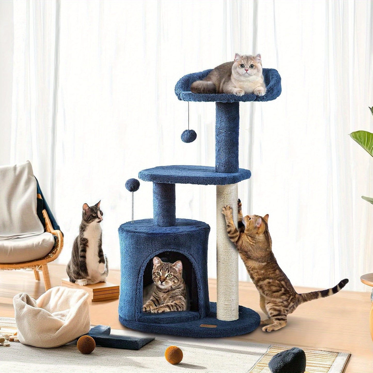 ClevaHome 32-Inch Deep Denim Blue Cat Tree – Cozy Condo, Sisal Scratching Post, Plush Perches & Pompom Toys for Indoor Cats - OllieMart
