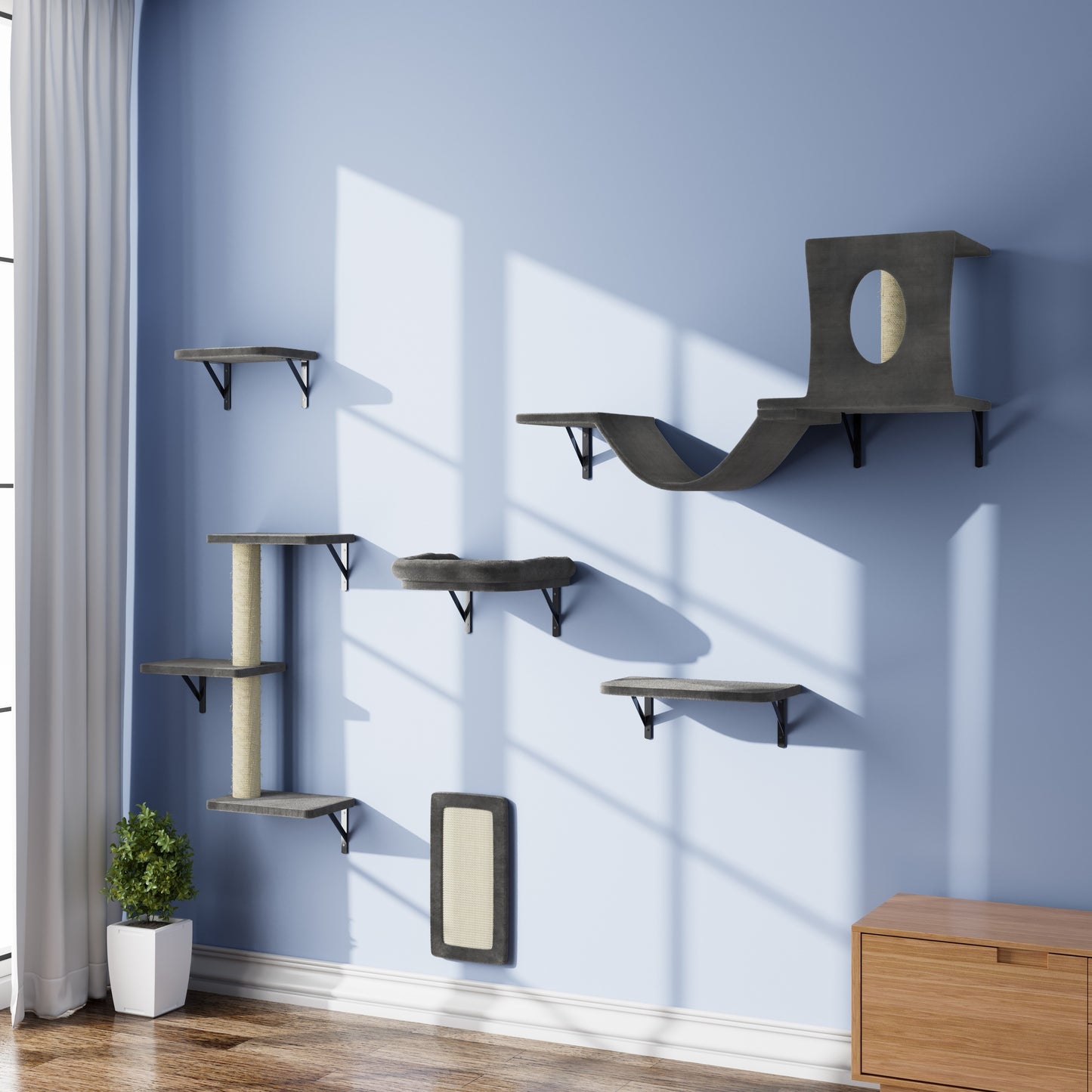 6-Piece Deluxe Wall Mounted Cat Climbing Frame - Spacious Cat House, Sturdy Bridge, Tree, Steps, Scratcher, and Shelves - DIY Indoor Cat Playground Furniture Set with Easy Assembly - OllieMart