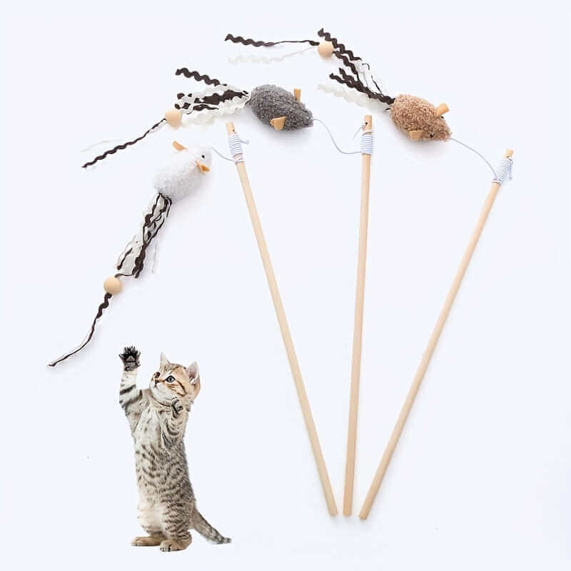 Interactive Plush Mouse Cat Teaser Wand with Wooden Rod – Engaging Play for Active Cats - OllieMart