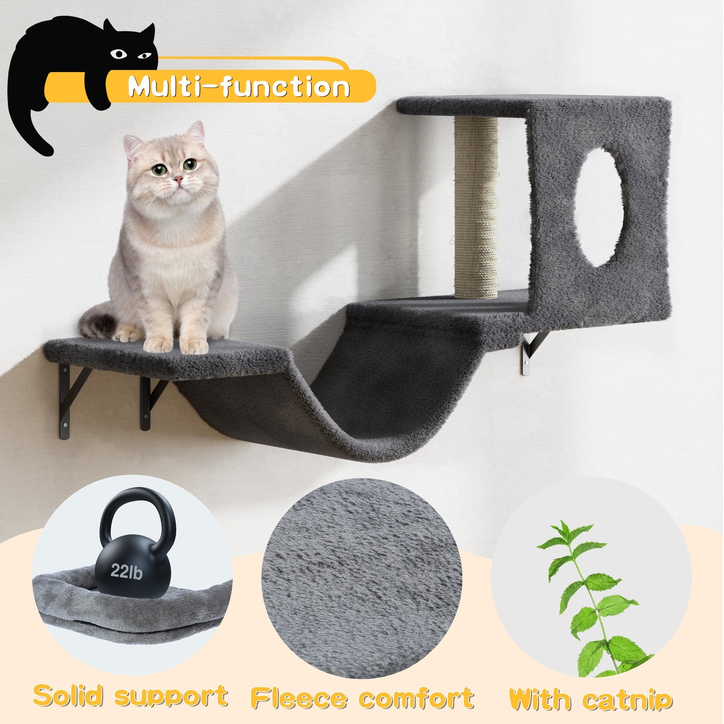 6-Piece Deluxe Wall Mounted Cat Climbing Frame - Spacious Cat House, Sturdy Bridge, Tree, Steps, Scratcher, and Shelves - DIY Indoor Cat Playground Furniture Set with Easy Assembly - OllieMart