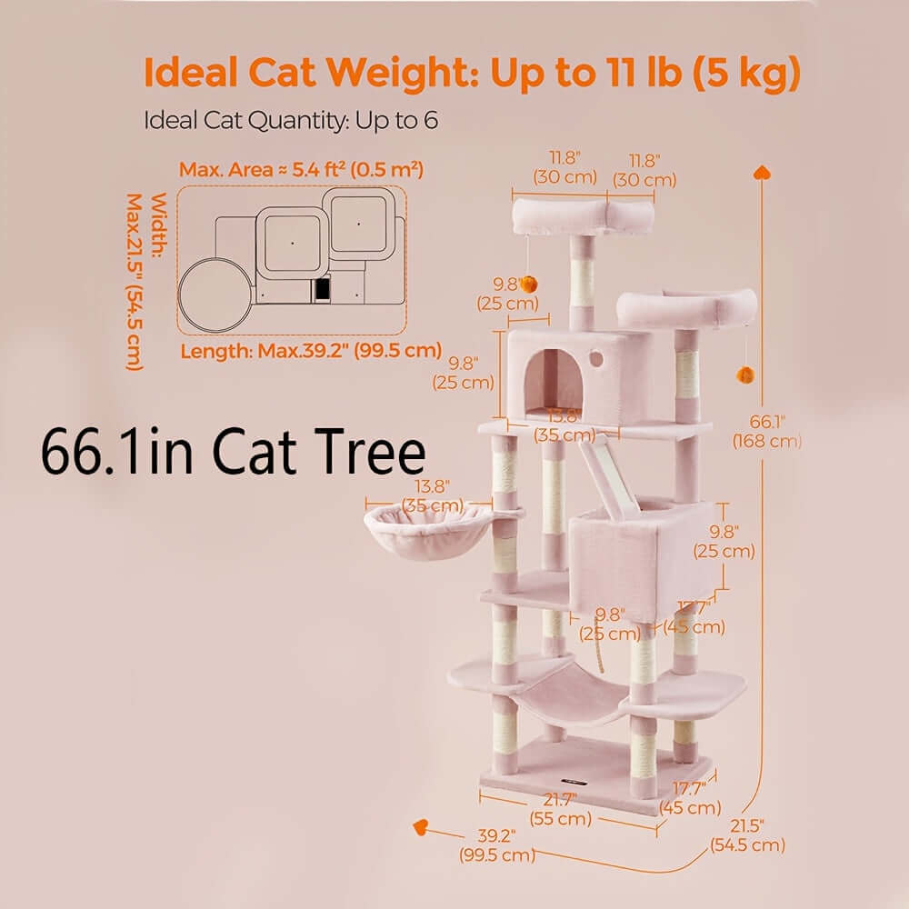 66.1/44.1 Inch Deluxe Cat Tree – Multi-Level Condo with Scratching Posts, Perches, Caves, Basket & Hammock, Black & Gray with Wooden Accents, Easy to Assemble - OllieMart