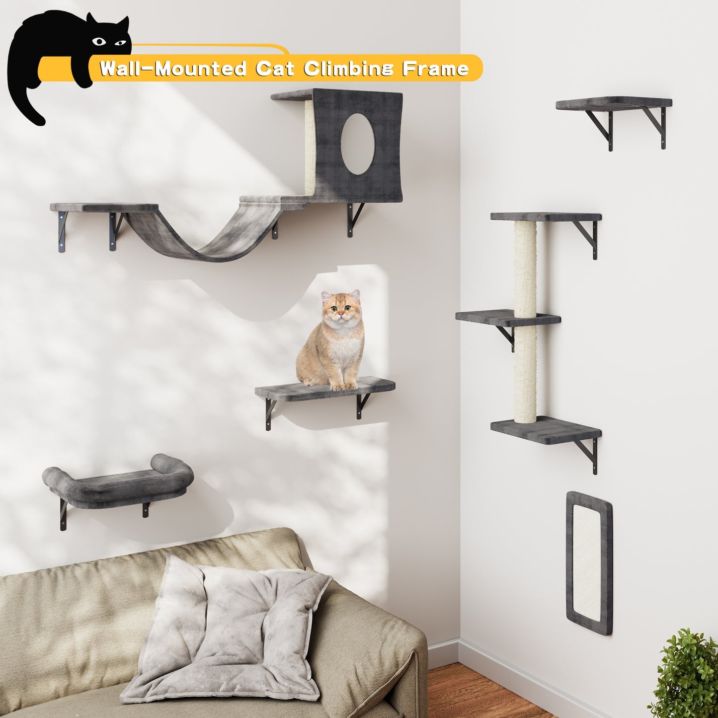 6-Piece Deluxe Wall Mounted Cat Climbing Frame - Spacious Cat House, Sturdy Bridge, Tree, Steps, Scratcher, and Shelves - DIY Indoor Cat Playground Furniture Set with Easy Assembly - OllieMart