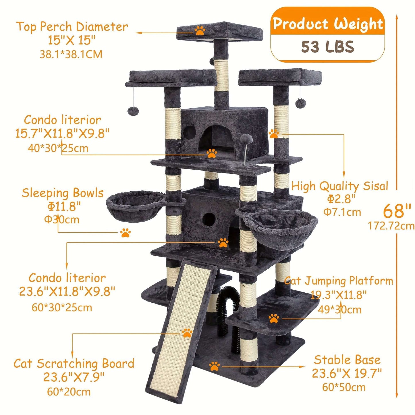 68-Inch Multi-Level Cat Tree – Tall Tower with 2 Large Condos, 3 Plush Perches, Scratching Posts & Cat Hair Brush - OllieMart