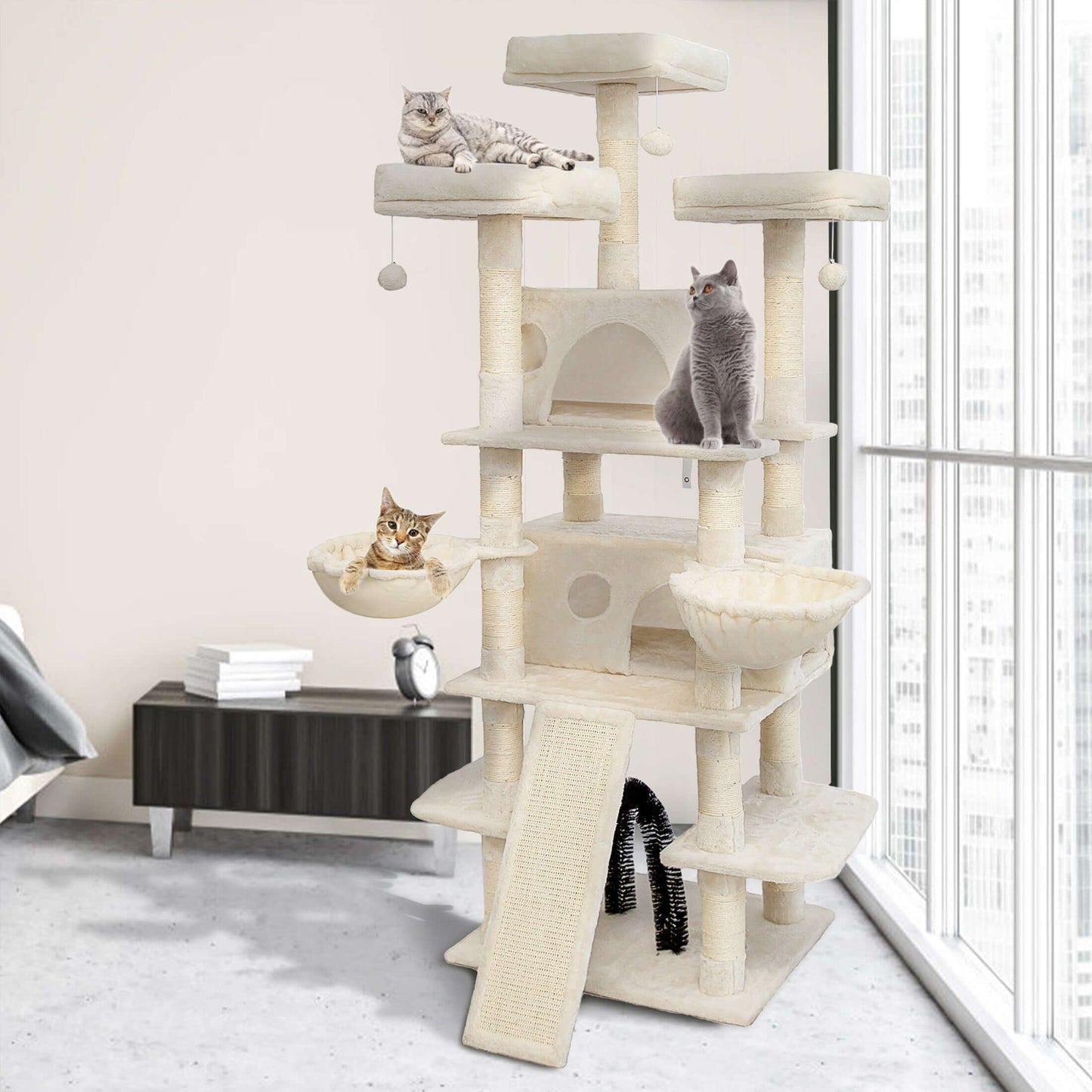 68-Inch Multi-Level Cat Tree – Tall Tower with 2 Large Condos, 3 Plush Perches, Scratching Posts & Cat Hair Brush - OllieMart