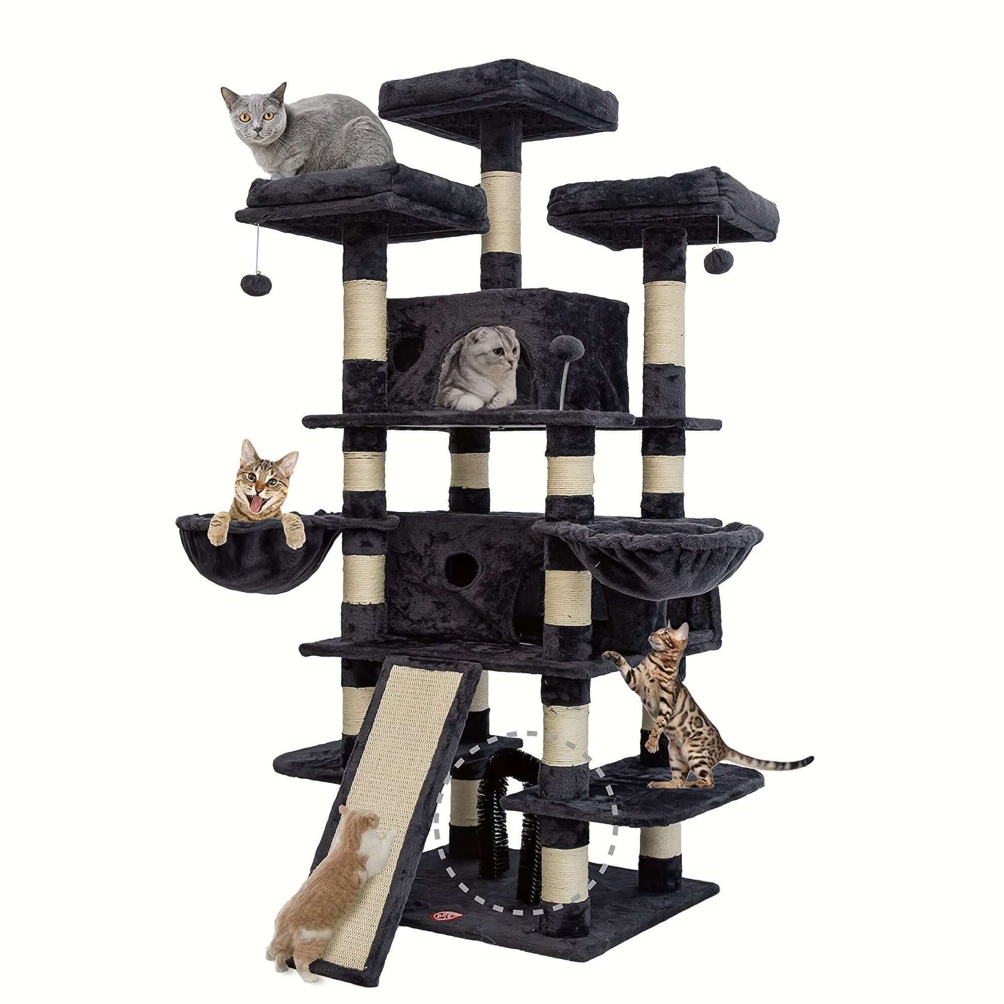 68-Inch Multi-Level Cat Tree – Tall Tower with 2 Large Condos, 3 Plush Perches, Scratching Posts & Cat Hair Brush - OllieMart