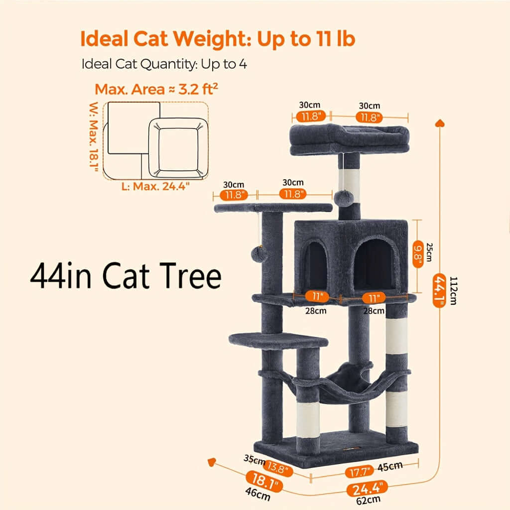 66.1/44.1 Inch Deluxe Cat Tree – Multi-Level Condo with Scratching Posts, Perches, Caves, Basket & Hammock, Black & Gray with Wooden Accents, Easy to Assemble - OllieMart