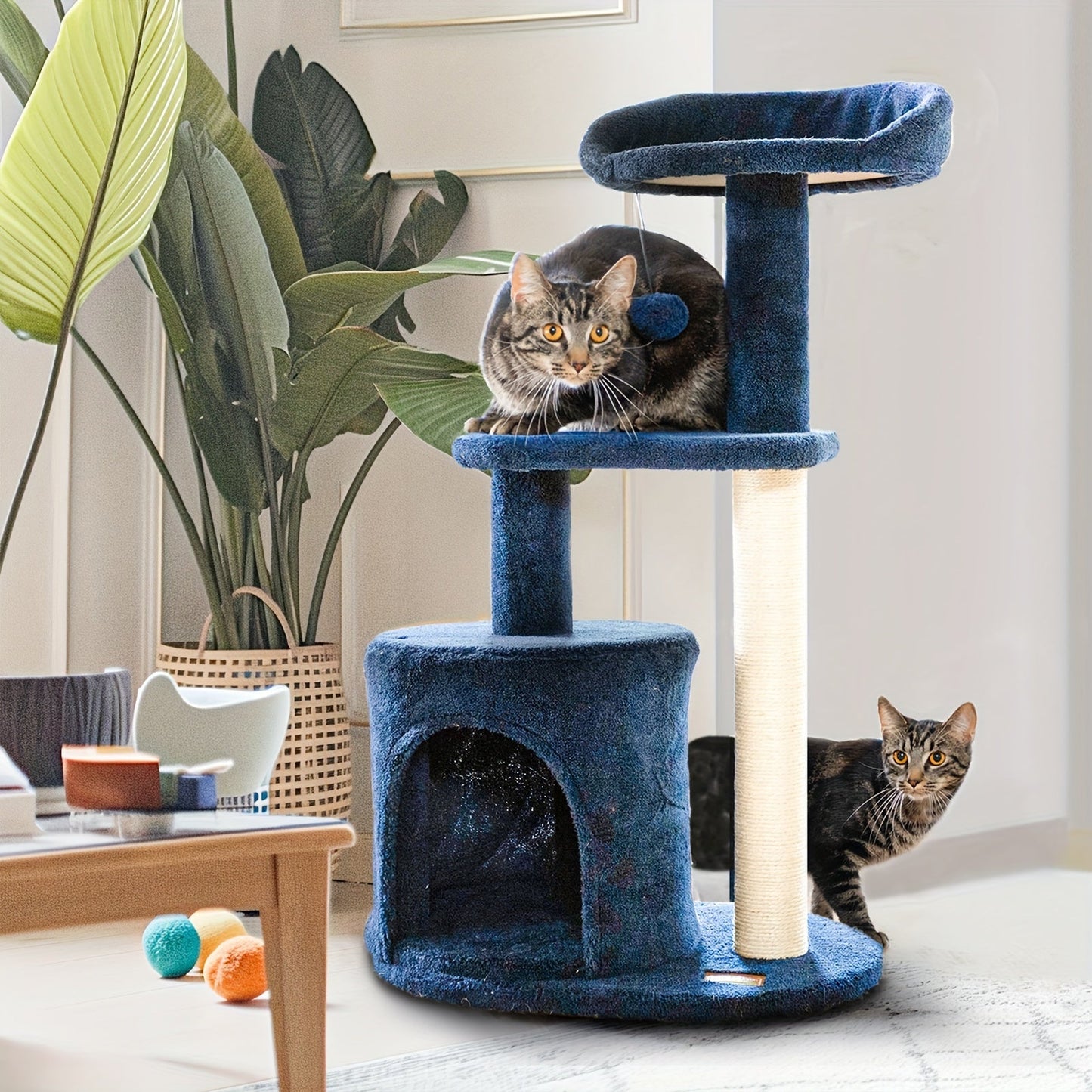 ClevaHome 32-Inch Deep Denim Blue Cat Tree – Cozy Condo, Sisal Scratching Post, Plush Perches & Pompom Toys for Indoor Cats - OllieMart