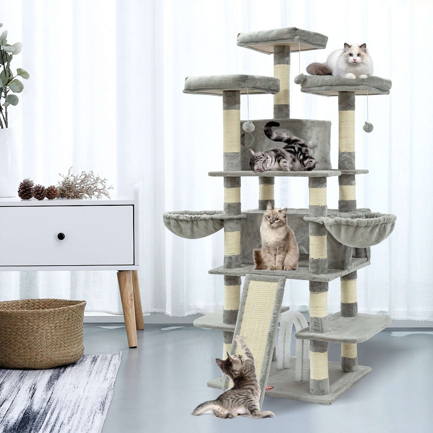 68-Inch Multi-Level Cat Tree – Tall Tower with 2 Large Condos, 3 Plush Perches, Scratching Posts & Cat Hair Brush - OllieMart
