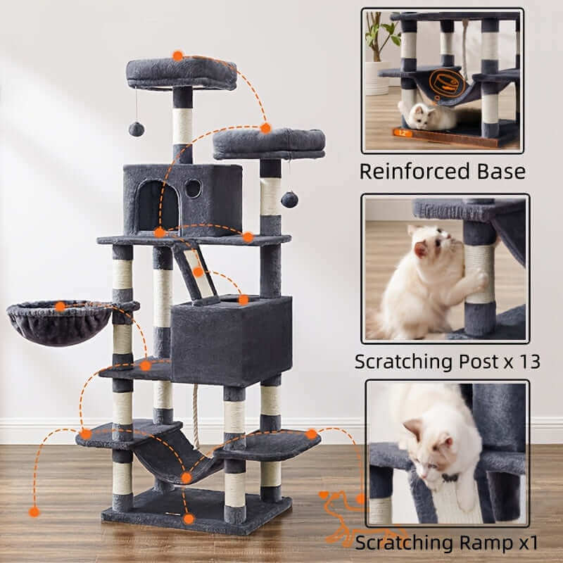 66.1/44.1 Inch Deluxe Cat Tree – Multi-Level Condo with Scratching Posts, Perches, Caves, Basket & Hammock, Black & Gray with Wooden Accents, Easy to Assemble - OllieMart