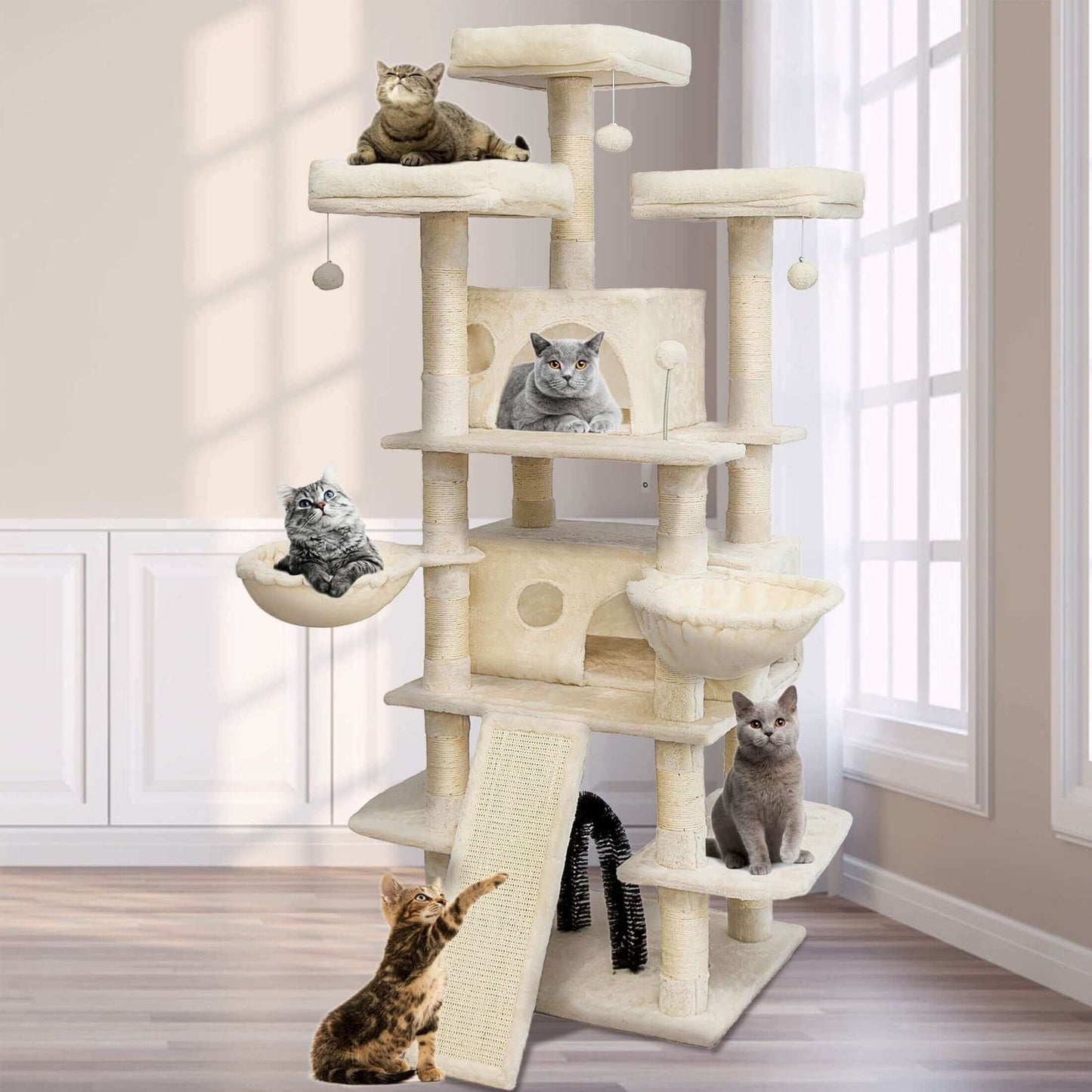 68-Inch Multi-Level Cat Tree – Tall Tower with 2 Large Condos, 3 Plush Perches, Scratching Posts & Cat Hair Brush - OllieMart