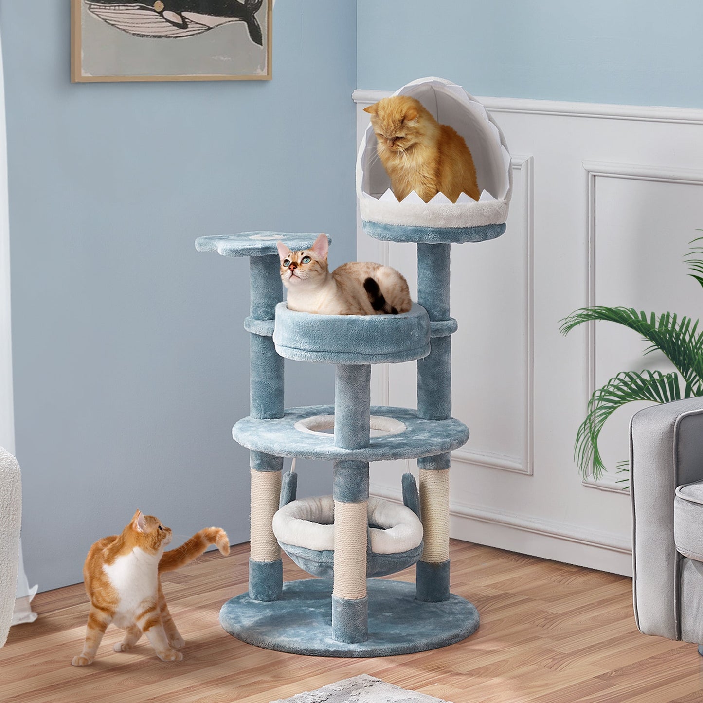 Ocean-Themed Cat Tree, cats climbing around