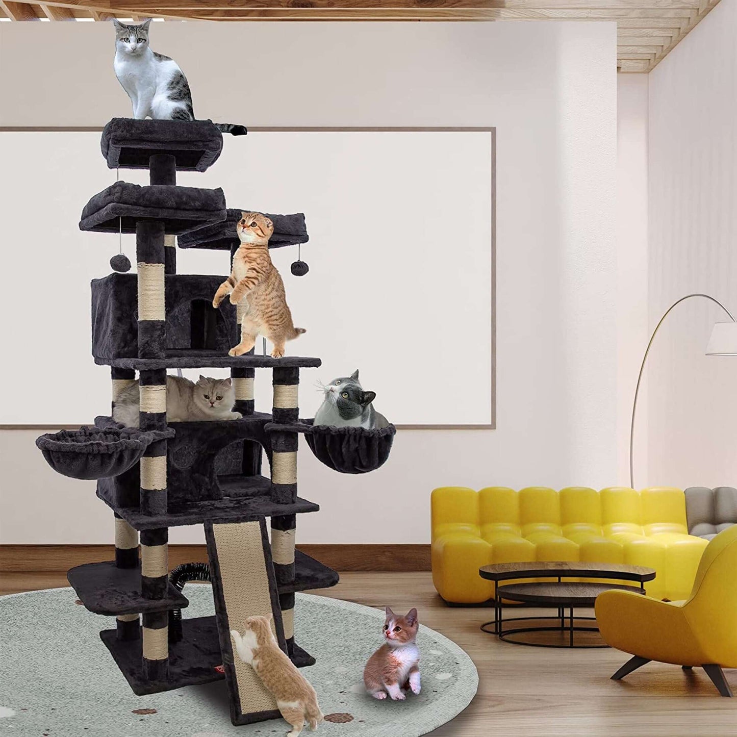 68-Inch Multi-Level Cat Tree – Tall Tower with 2 Large Condos, 3 Plush Perches, Scratching Posts & Cat Hair Brush - OllieMart