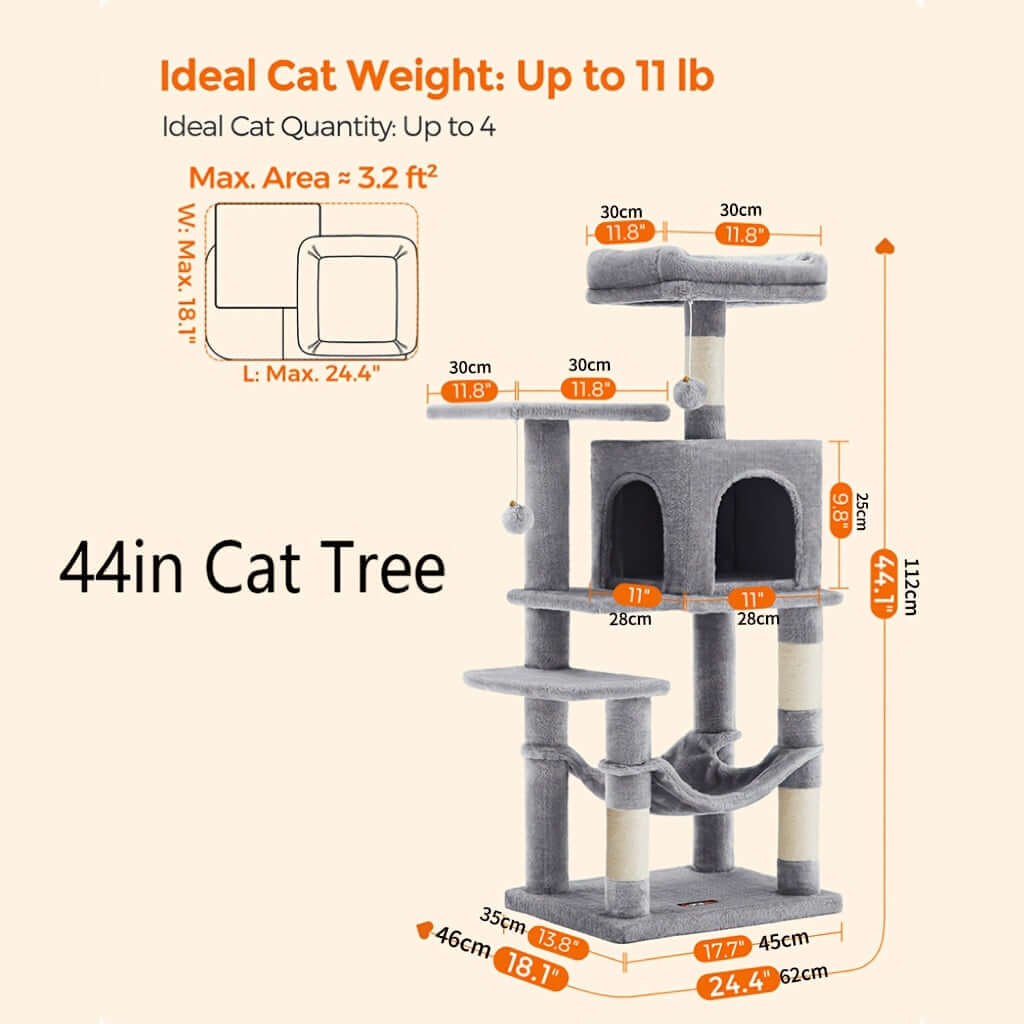 66.1/44.1 Inch Deluxe Cat Tree – Multi-Level Condo with Scratching Posts, Perches, Caves, Basket & Hammock, Black & Gray with Wooden Accents, Easy to Assemble - OllieMart