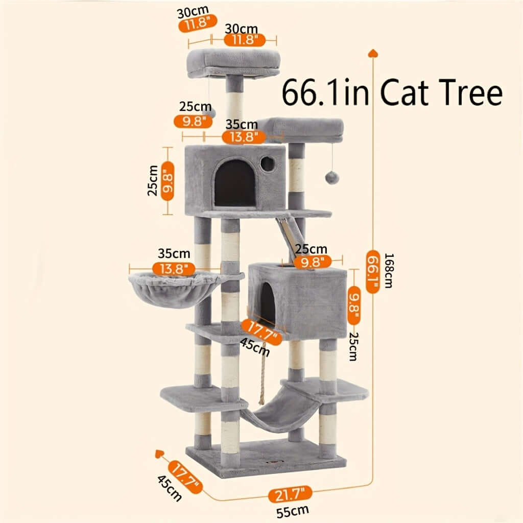 66.1/44.1 Inch Deluxe Cat Tree – Multi-Level Condo with Scratching Posts, Perches, Caves, Basket & Hammock, Black & Gray with Wooden Accents, Easy to Assemble - OllieMart