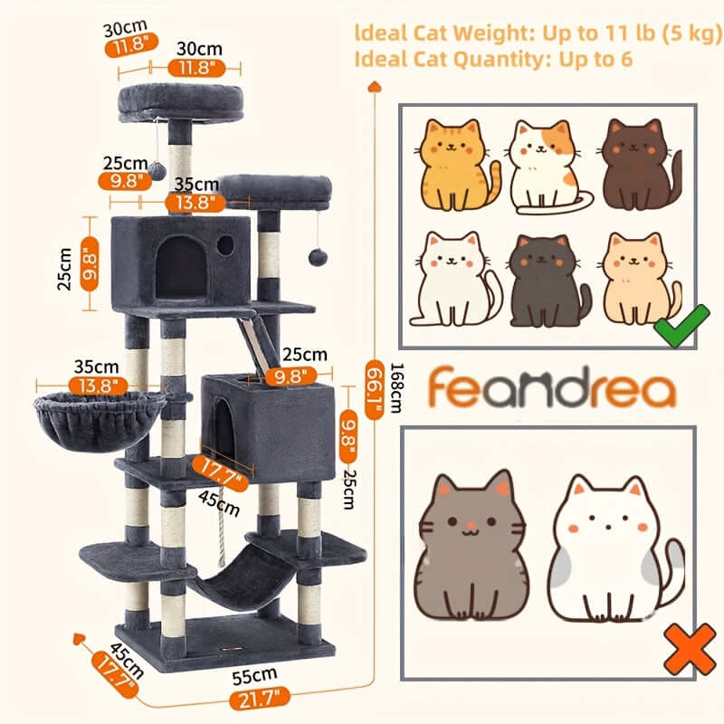 66.1/44.1 Inch Deluxe Cat Tree – Multi-Level Condo with Scratching Posts, Perches, Caves, Basket & Hammock, Black & Gray with Wooden Accents, Easy to Assemble - OllieMart