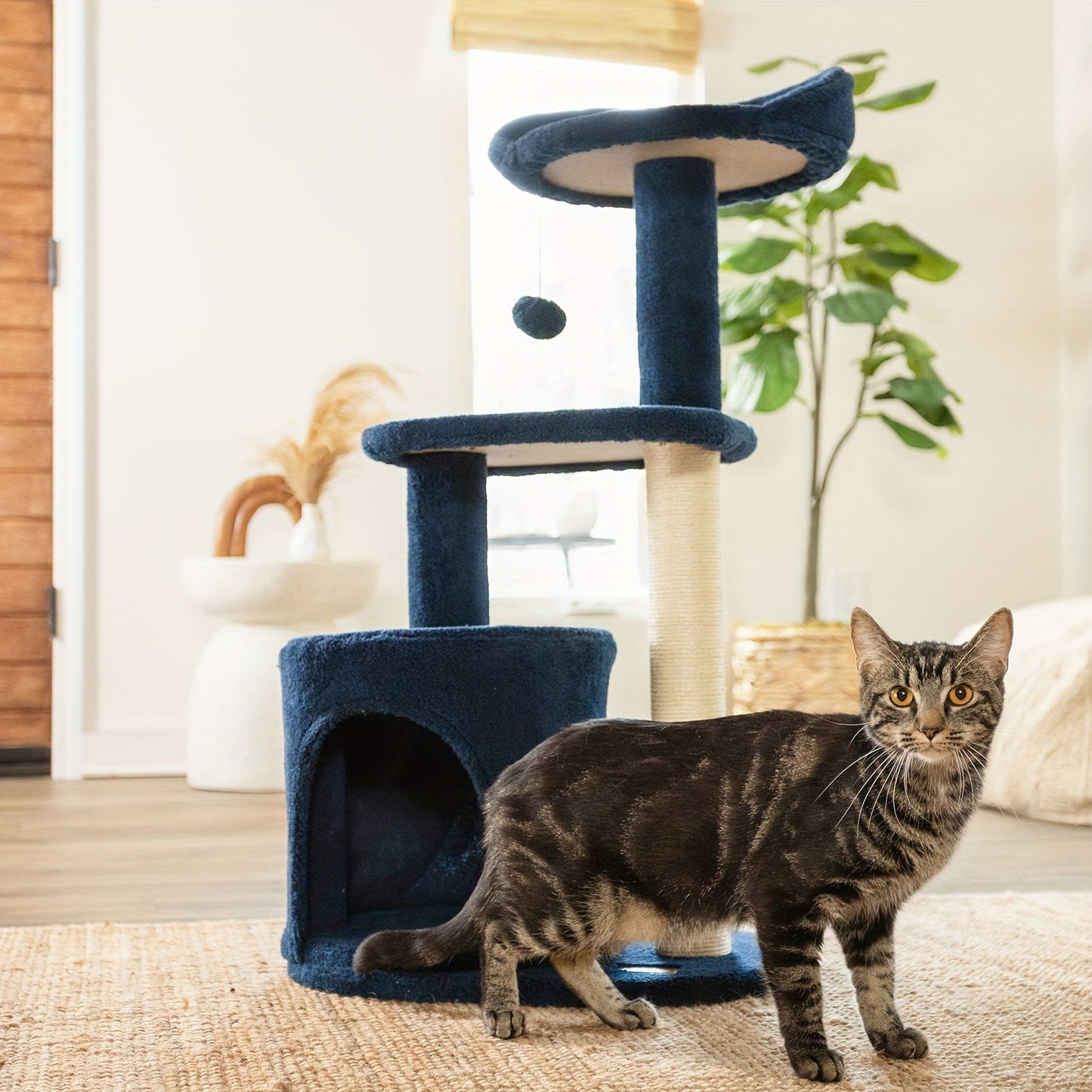 ClevaHome 32-Inch Deep Denim Blue Cat Tree – Cozy Condo, Sisal Scratching Post, Plush Perches & Pompom Toys for Indoor Cats - OllieMart
