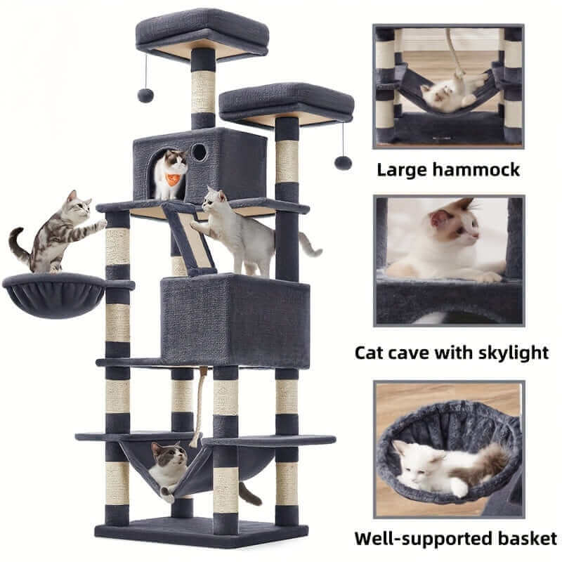 66.1/44.1 Inch Deluxe Cat Tree – Multi-Level Condo with Scratching Posts, Perches, Caves, Basket & Hammock, Black & Gray with Wooden Accents, Easy to Assemble - OllieMart