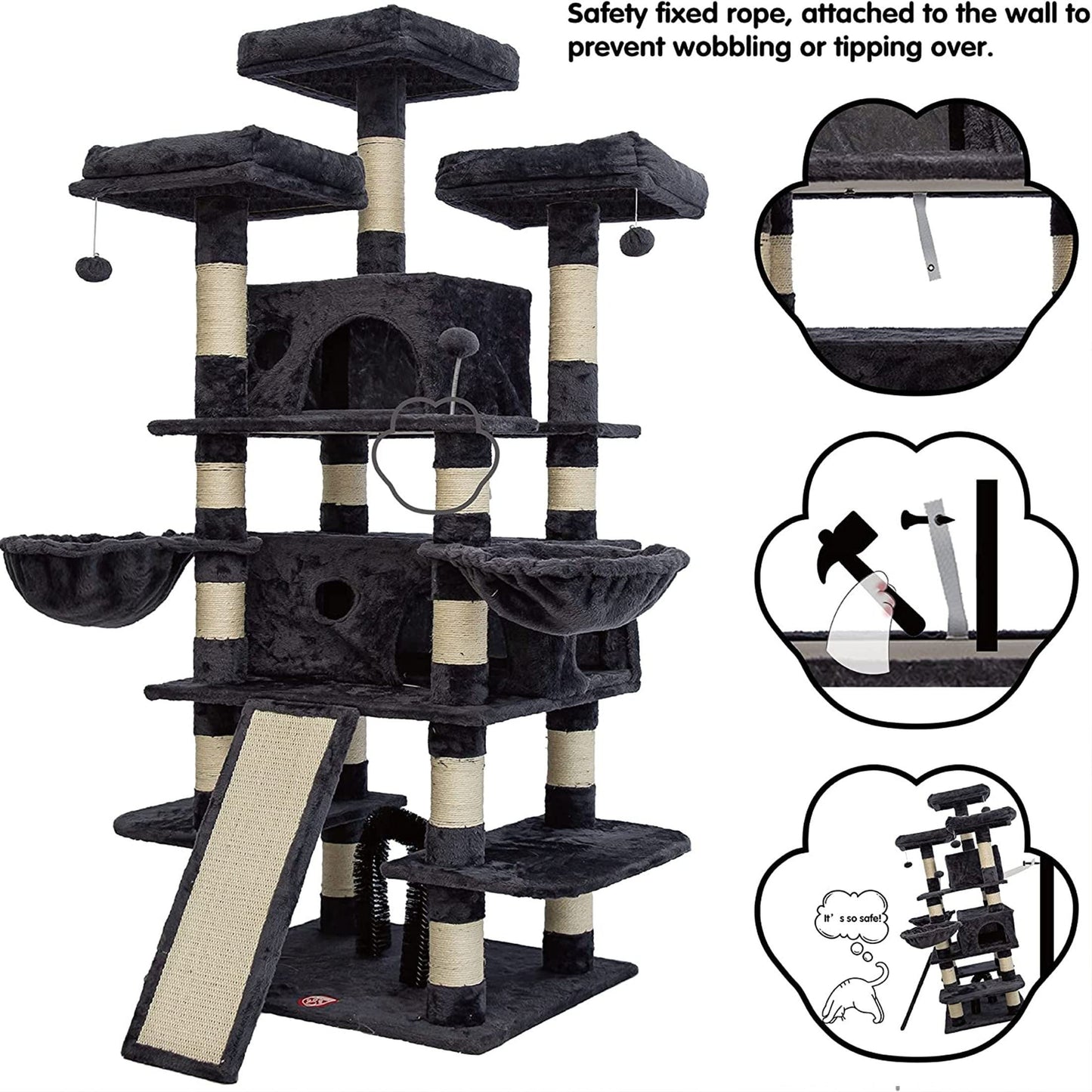 68-Inch Multi-Level Cat Tree – Tall Tower with 2 Large Condos, 3 Plush Perches, Scratching Posts & Cat Hair Brush - OllieMart