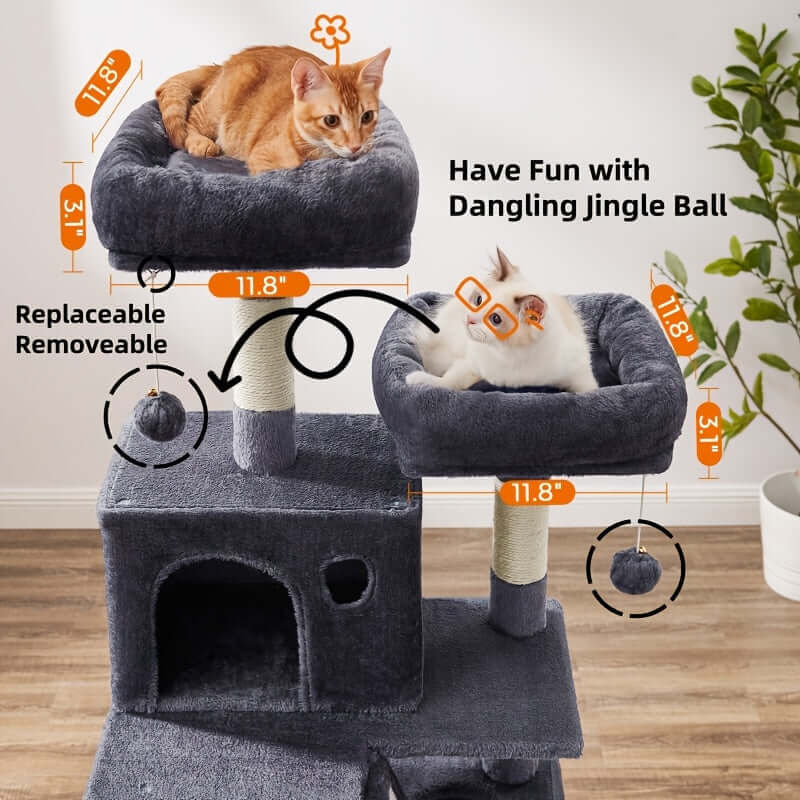 66.1/44.1 Inch Deluxe Cat Tree – Multi-Level Condo with Scratching Posts, Perches, Caves, Basket & Hammock, Black & Gray with Wooden Accents, Easy to Assemble - OllieMart