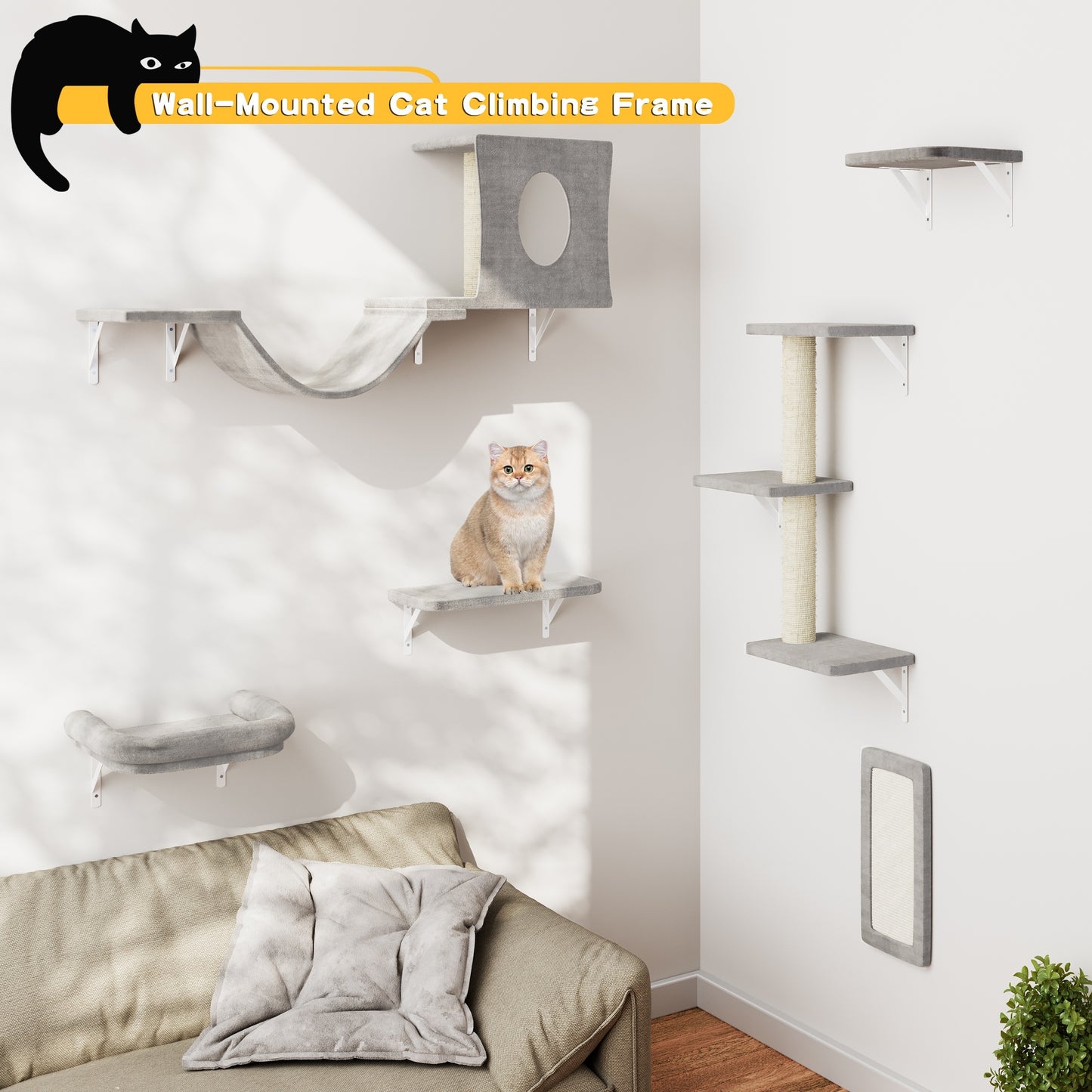 6-Piece Deluxe Wall Mounted Cat Climbing Frame - Spacious Cat House, Sturdy Bridge, Tree, Steps, Scratcher, and Shelves - DIY Indoor Cat Playground Furniture Set with Easy Assembly - OllieMart