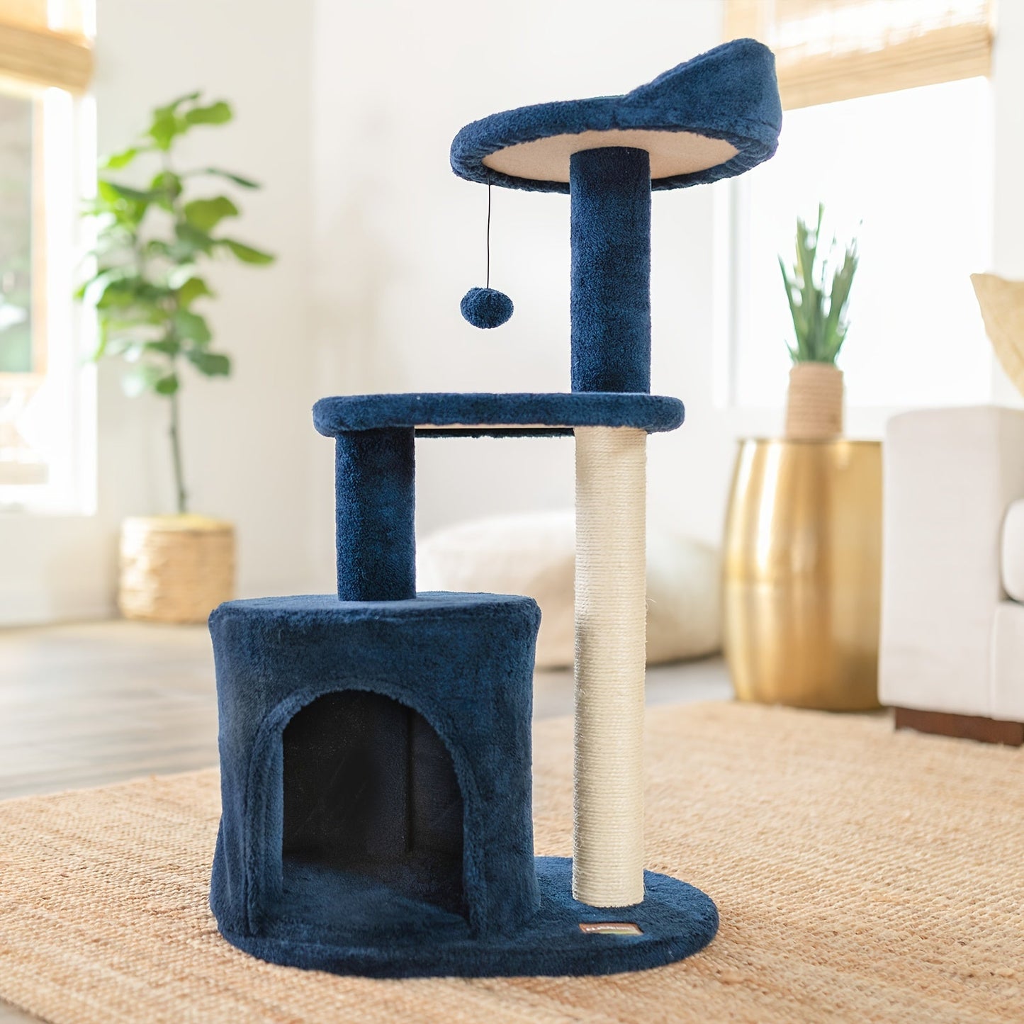 ClevaHome 32-Inch Deep Denim Blue Cat Tree – Cozy Condo, Sisal Scratching Post, Plush Perches & Pompom Toys for Indoor Cats - OllieMart