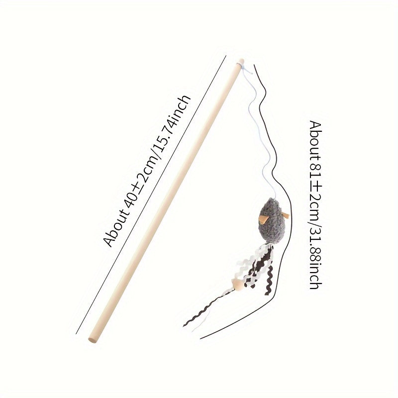 Interactive Plush Mouse Cat Teaser Wand with Wooden Rod – Engaging Play for Active Cats - OllieMart