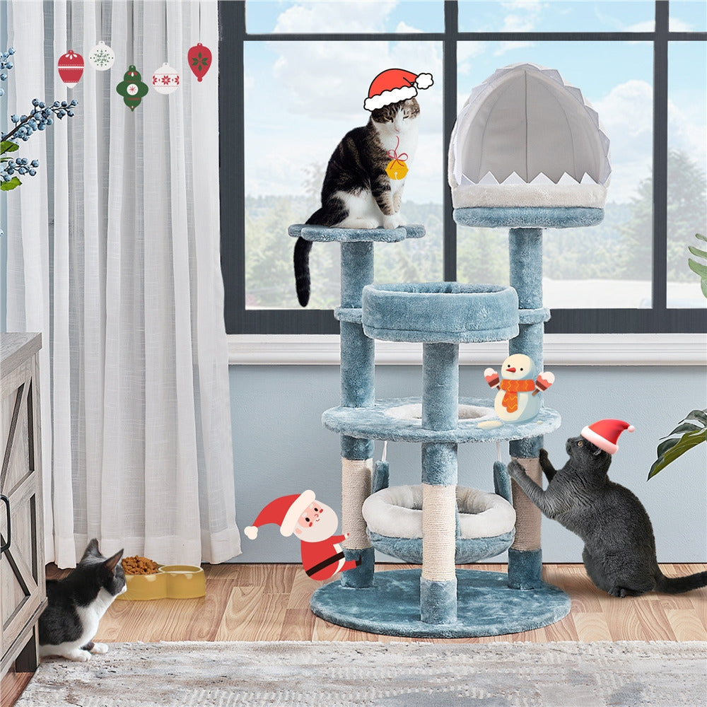 Ocean-Themed Cat Tree, cat condo with Christmas effects