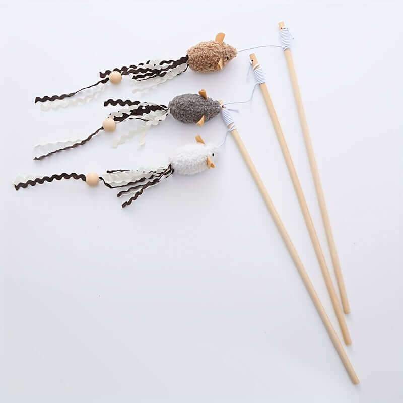 Interactive Plush Mouse Cat Teaser Wand with Wooden Rod – Engaging Play for Active Cats - OllieMart