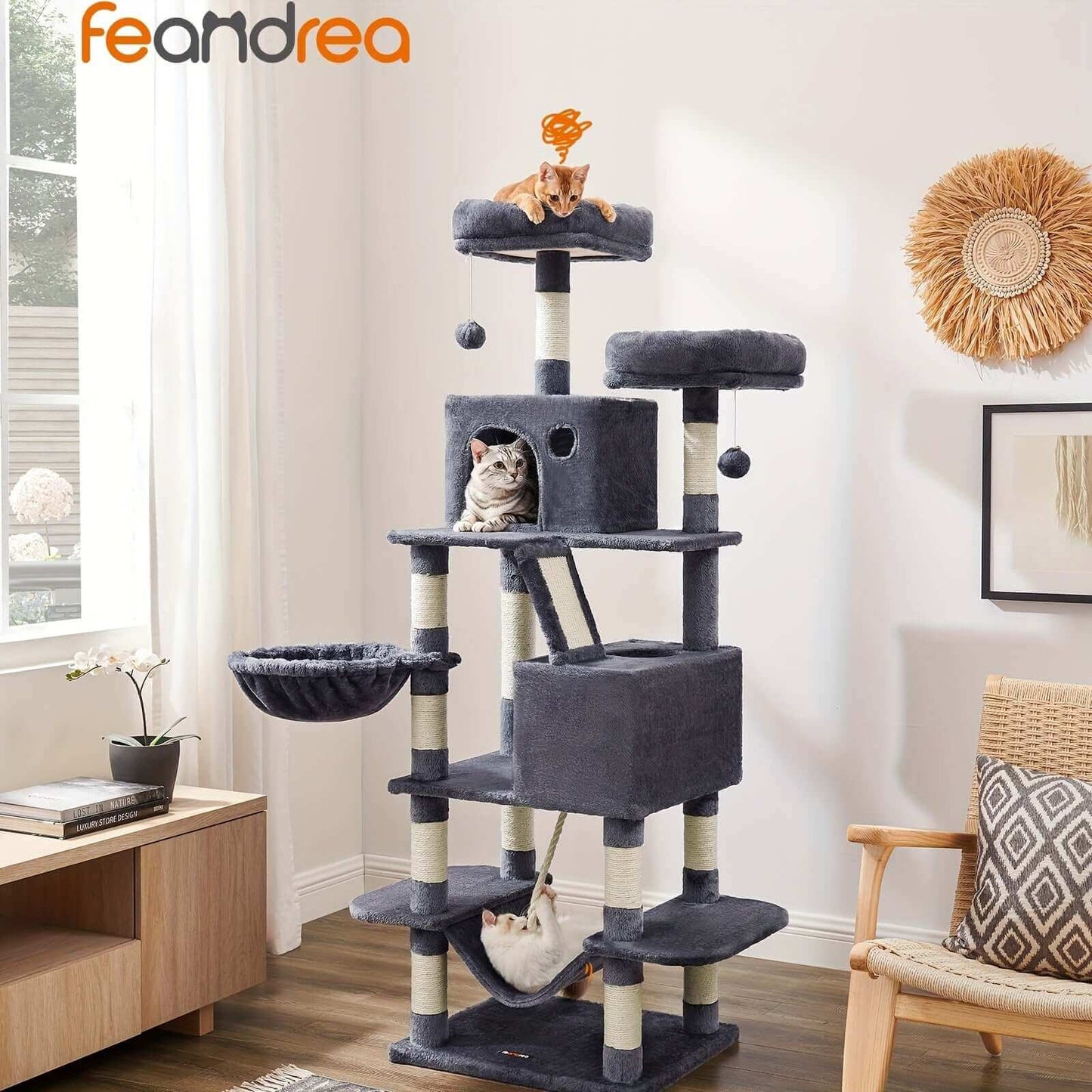 66.1/44.1 Inch Deluxe Cat Tree – Multi-Level Condo with Scratching Posts, Perches, Caves, Basket & Hammock, Black & Gray with Wooden Accents, Easy to Assemble - OllieMart