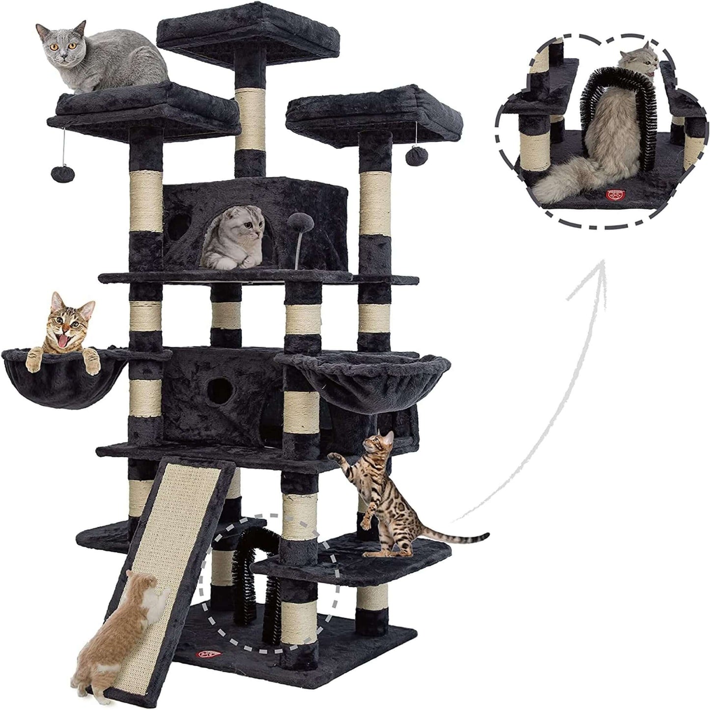 68-Inch Multi-Level Cat Tree – Tall Tower with 2 Large Condos, 3 Plush Perches, Scratching Posts & Cat Hair Brush - OllieMart