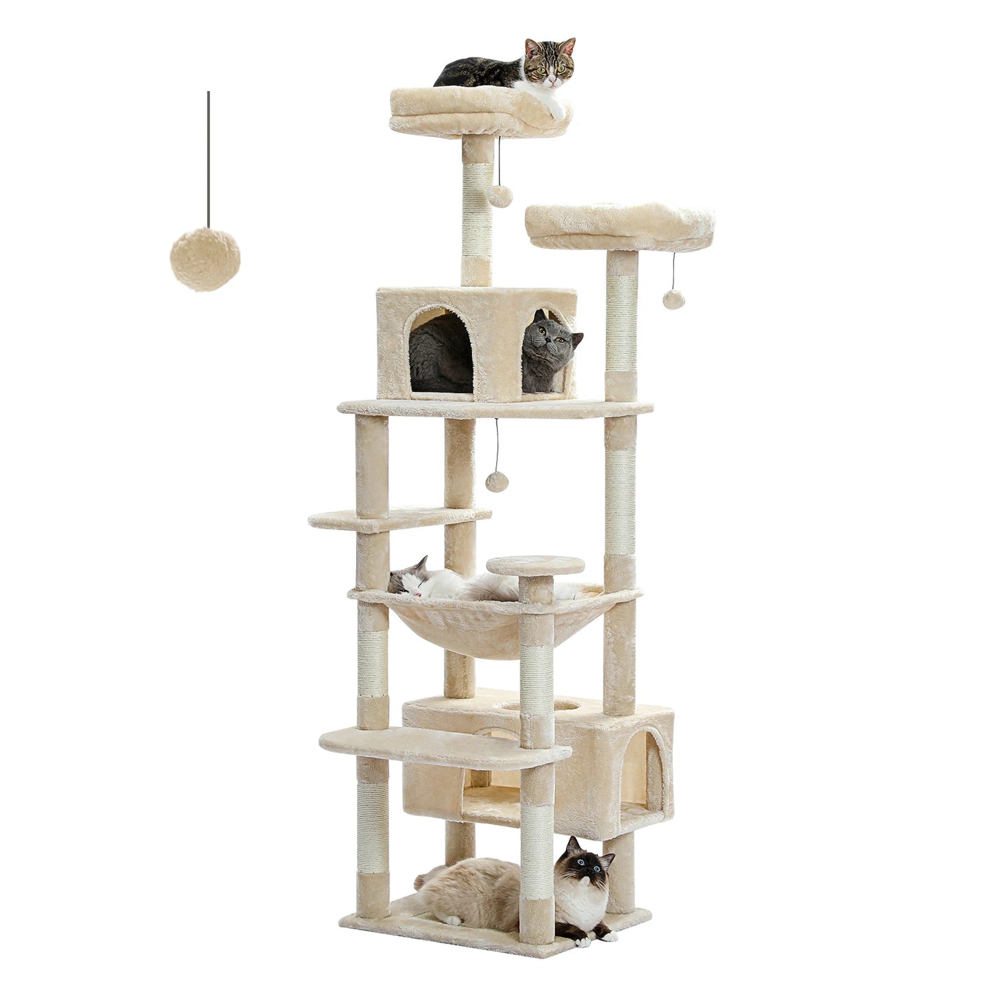 Multi-level cat playground with multiple platforms, cozy houses, and hanging toys for playful cats