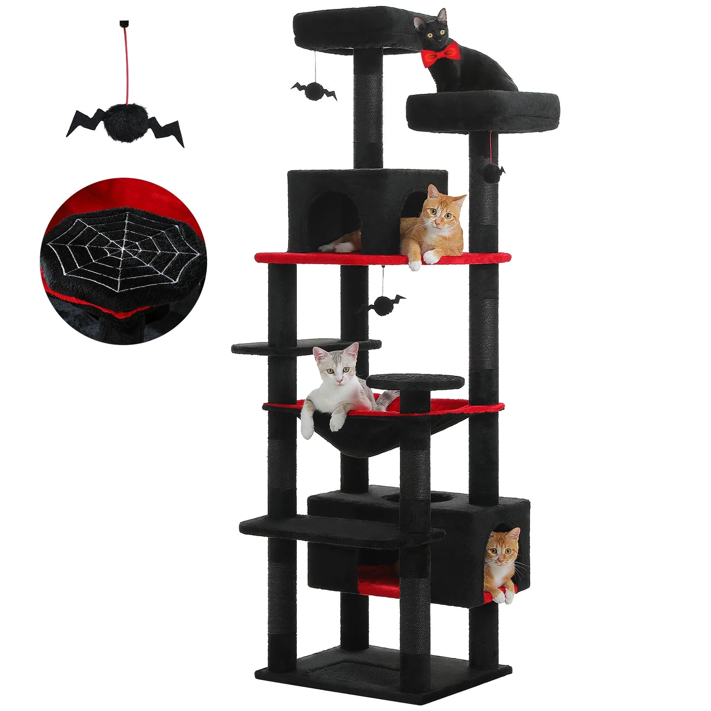 Multi-level cat playground in black and red with cozy platforms for climbing and resting cats