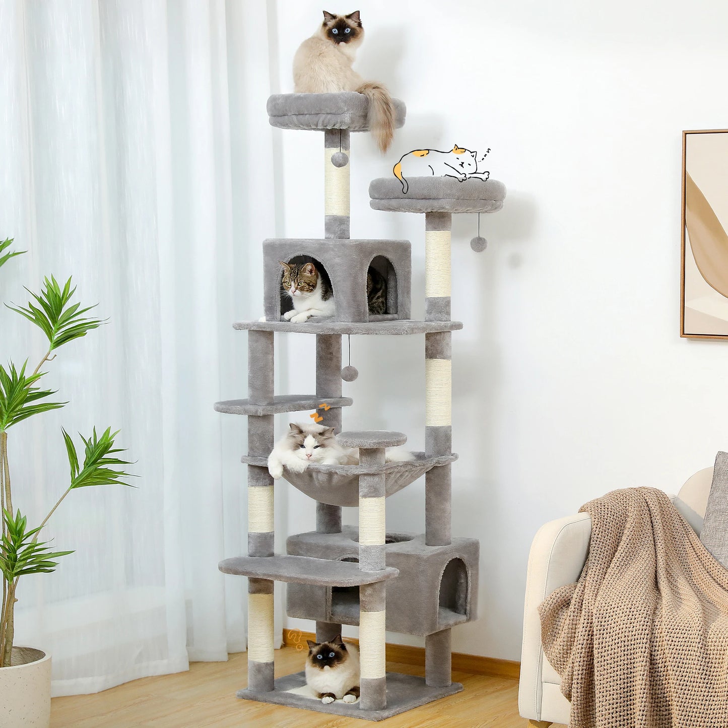Gray multi-level cat playground featuring multiple platforms and scratching posts for cats to explore
