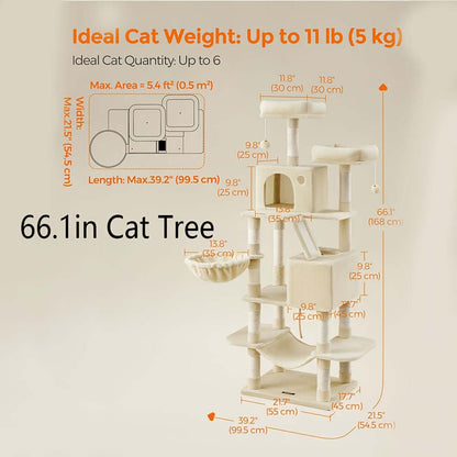 66.1/44.1 Inch Deluxe Cat Tree – Multi-Level Condo with Scratching Posts, Perches, Caves, Basket & Hammock, Black & Gray with Wooden Accents, Easy to Assemble - OllieMart