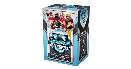 2025 Bowman Chrome University Football cards box featuring exclusive parallels and top college players