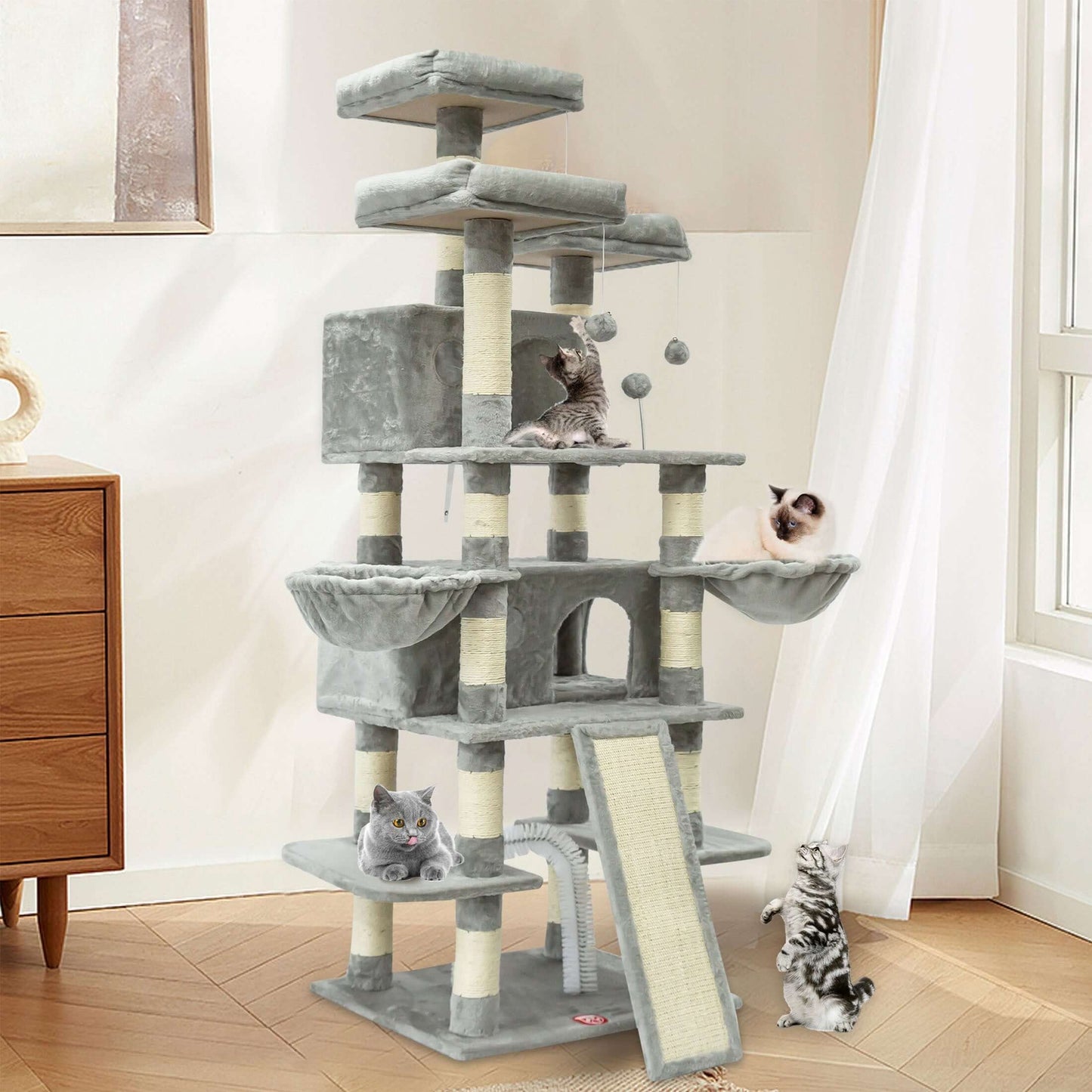 68-Inch Multi-Level Cat Tree – Tall Tower with 2 Large Condos, 3 Plush Perches, Scratching Posts & Cat Hair Brush - OllieMart