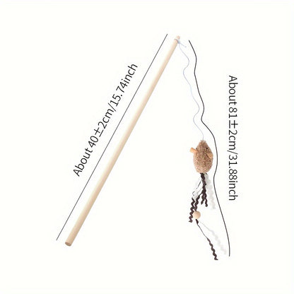 Interactive Plush Mouse Cat Teaser Wand with Wooden Rod – Engaging Play for Active Cats - OllieMart