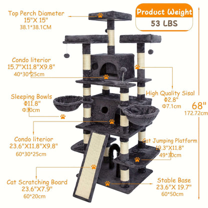 68-Inch Multi-Level Cat Tree – Tall Tower with 2 Large Condos, 3 Plush Perches, Scratching Posts & Cat Hair Brush - OllieMart