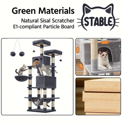 66.1/44.1 Inch Deluxe Cat Tree – Multi-Level Condo with Scratching Posts, Perches, Caves, Basket & Hammock, Black & Gray with Wooden Accents, Easy to Assemble - OllieMart