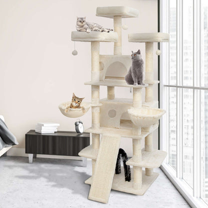 68-Inch Multi-Level Cat Tree – Tall Tower with 2 Large Condos, 3 Plush Perches, Scratching Posts & Cat Hair Brush - OllieMart