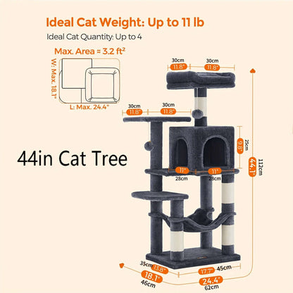 66.1/44.1 Inch Deluxe Cat Tree – Multi-Level Condo with Scratching Posts, Perches, Caves, Basket & Hammock, Black & Gray with Wooden Accents, Easy to Assemble - OllieMart