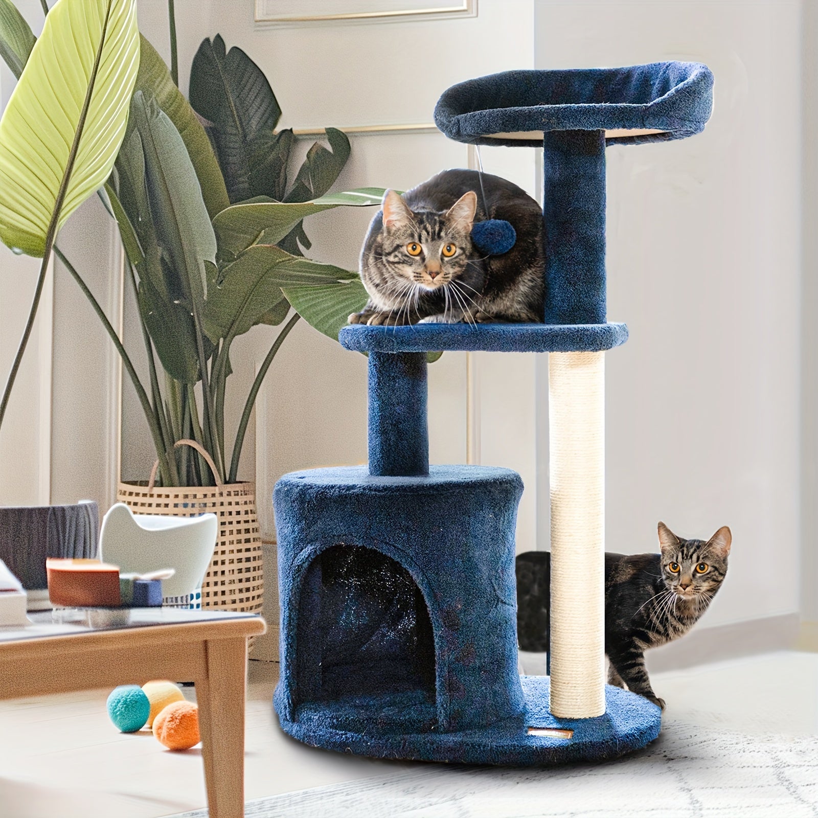 ClevaHome 32-Inch Deep Denim Blue Cat Tree – Cozy Condo, Sisal Scratching Post, Plush Perches & Pompom Toys for Indoor Cats - OllieMart