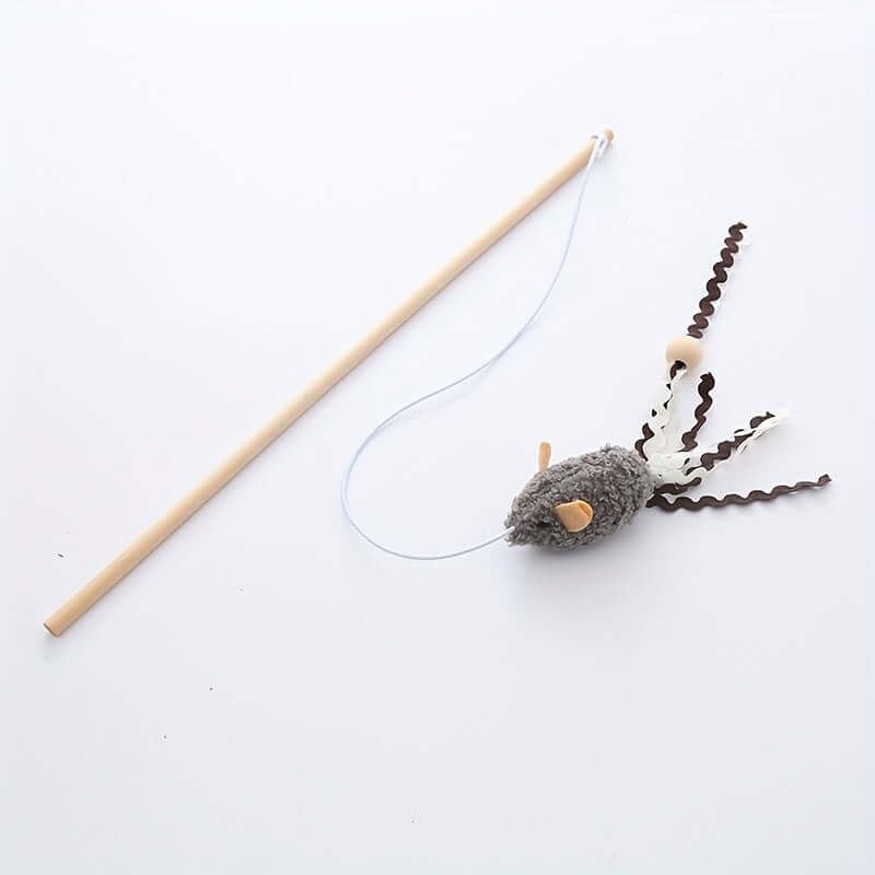 Interactive Plush Mouse Cat Teaser Wand with Wooden Rod – Engaging Play for Active Cats - OllieMart