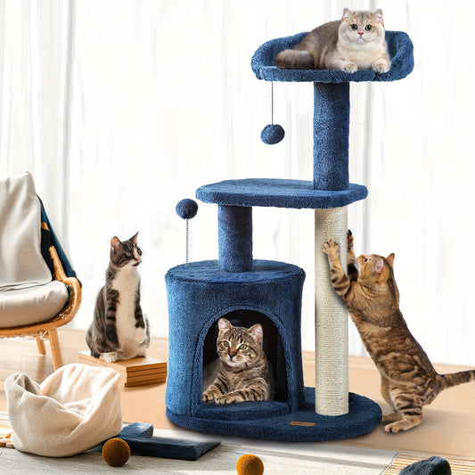 ClevaHome 32-Inch Deep Denim Blue Cat Tree – Cozy Condo, Sisal Scratching Post, Plush Perches & Pompom Toys for Indoor Cats - OllieMart